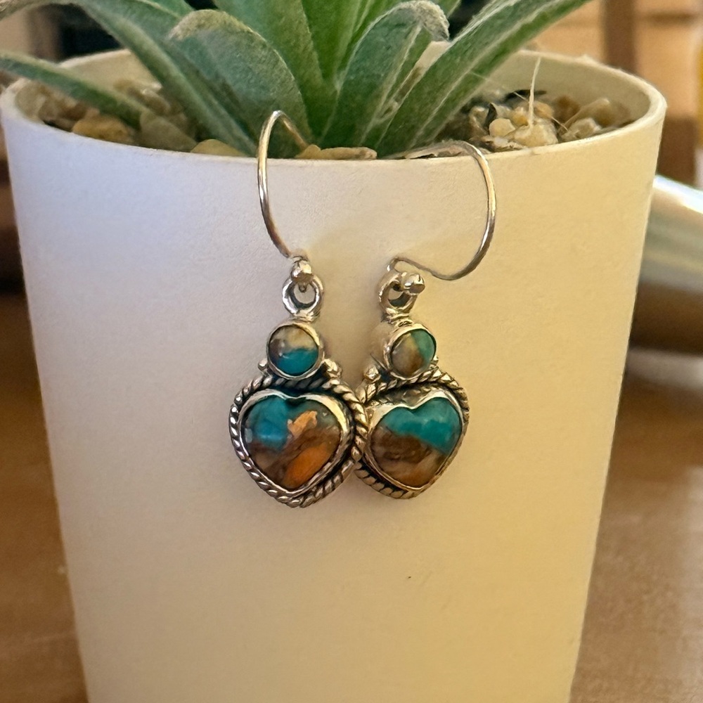 Beautiful Spiny Oyster and Turquoise Hearts set in Sterling Silver dangles